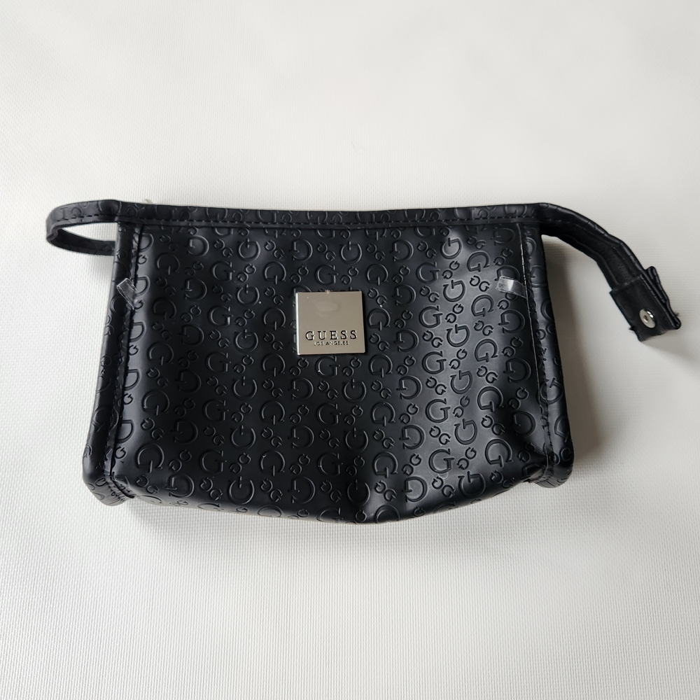 Guess Black Logo Cosmetic Bag Zippered Clutch Travel Makeup Case Textured